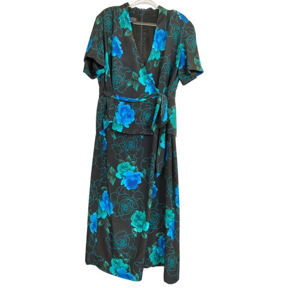 Spenser Jeremy Black & Blue Floral Wrap Dress 16 100% Silk Classic Formal Church - Picture 1 of 3